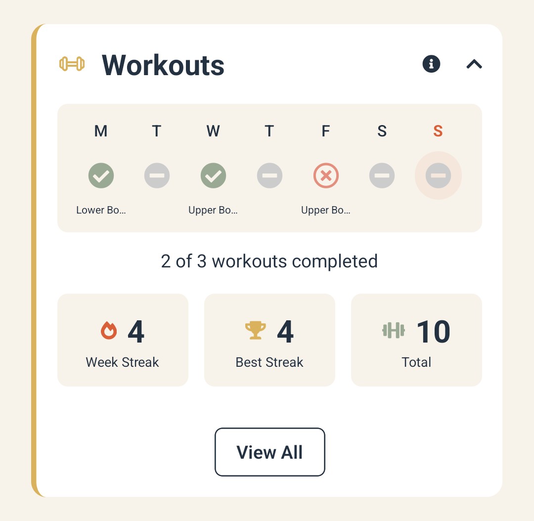 TransForged workout tracking showing weekly calendar, streaks and total workouts